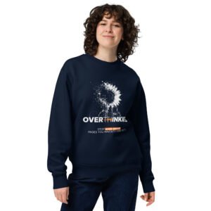 Stop overthinking sweatshirt in navy, front view with illustrated graphic